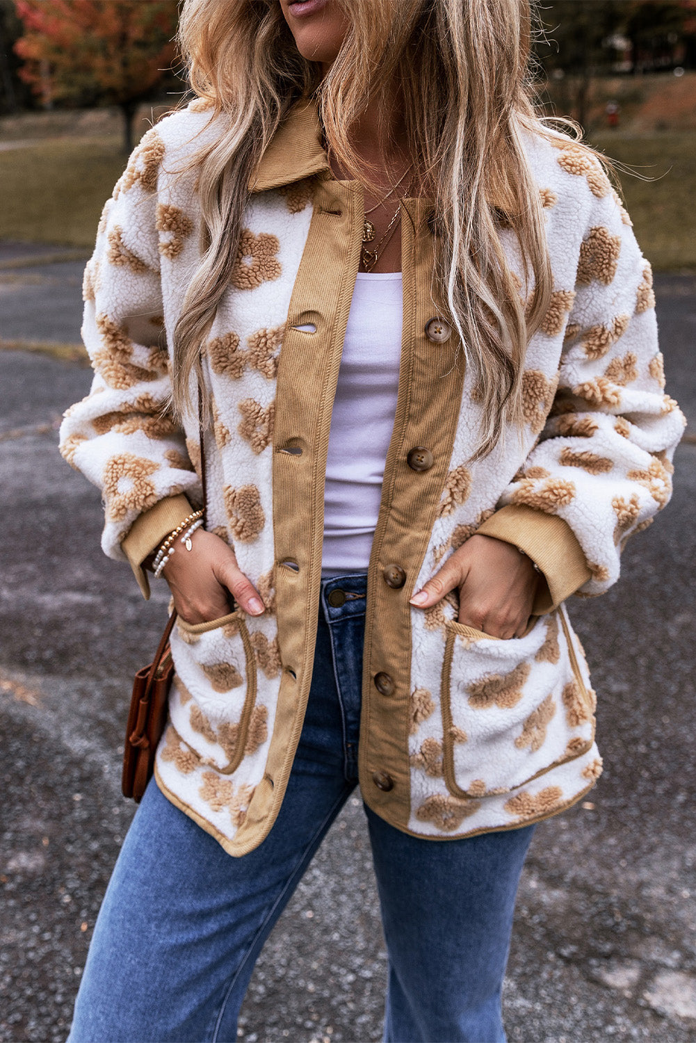 Beige Flower Button Up Fleece Jacket