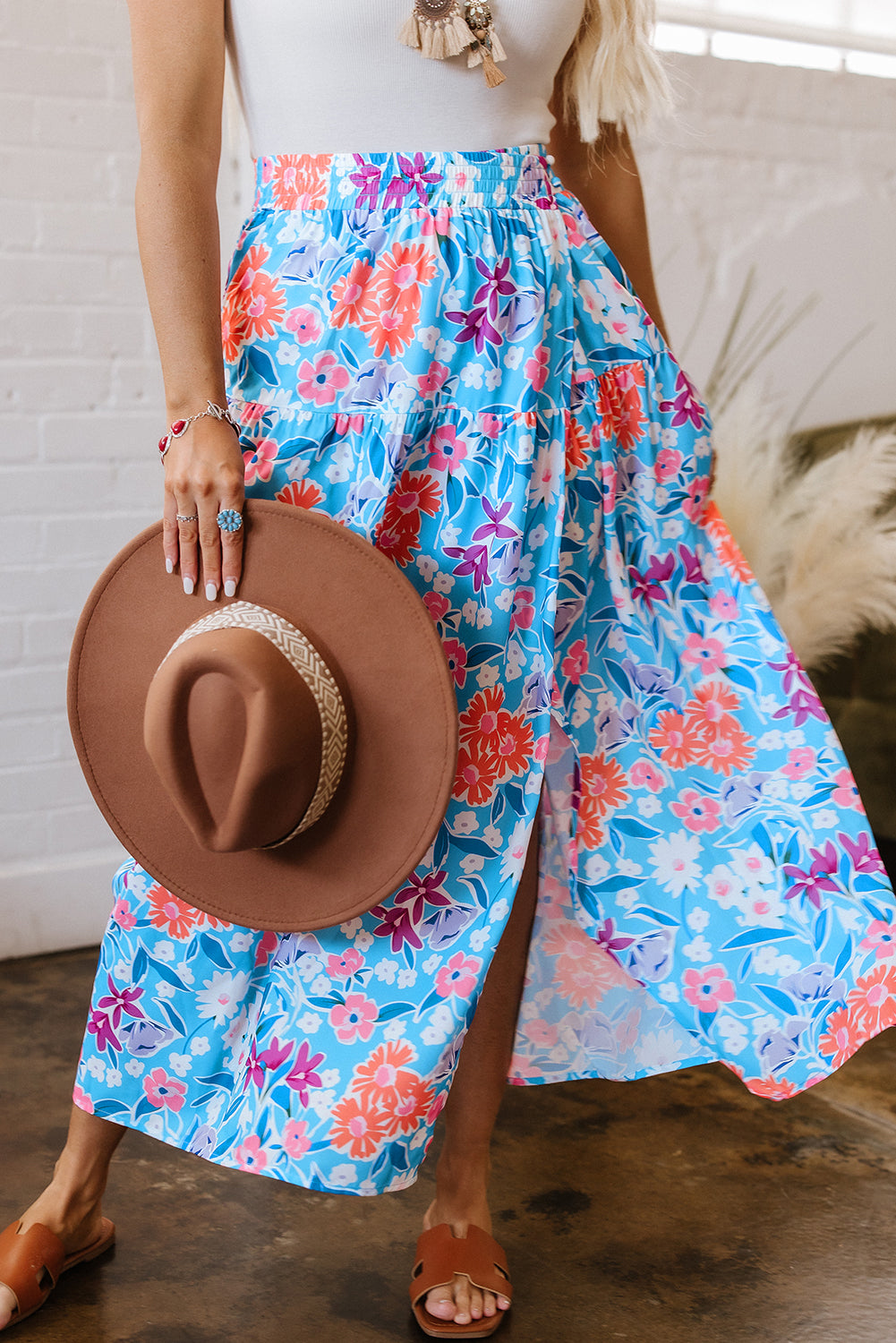 Sky Blue Floral Wrap Long Skirt