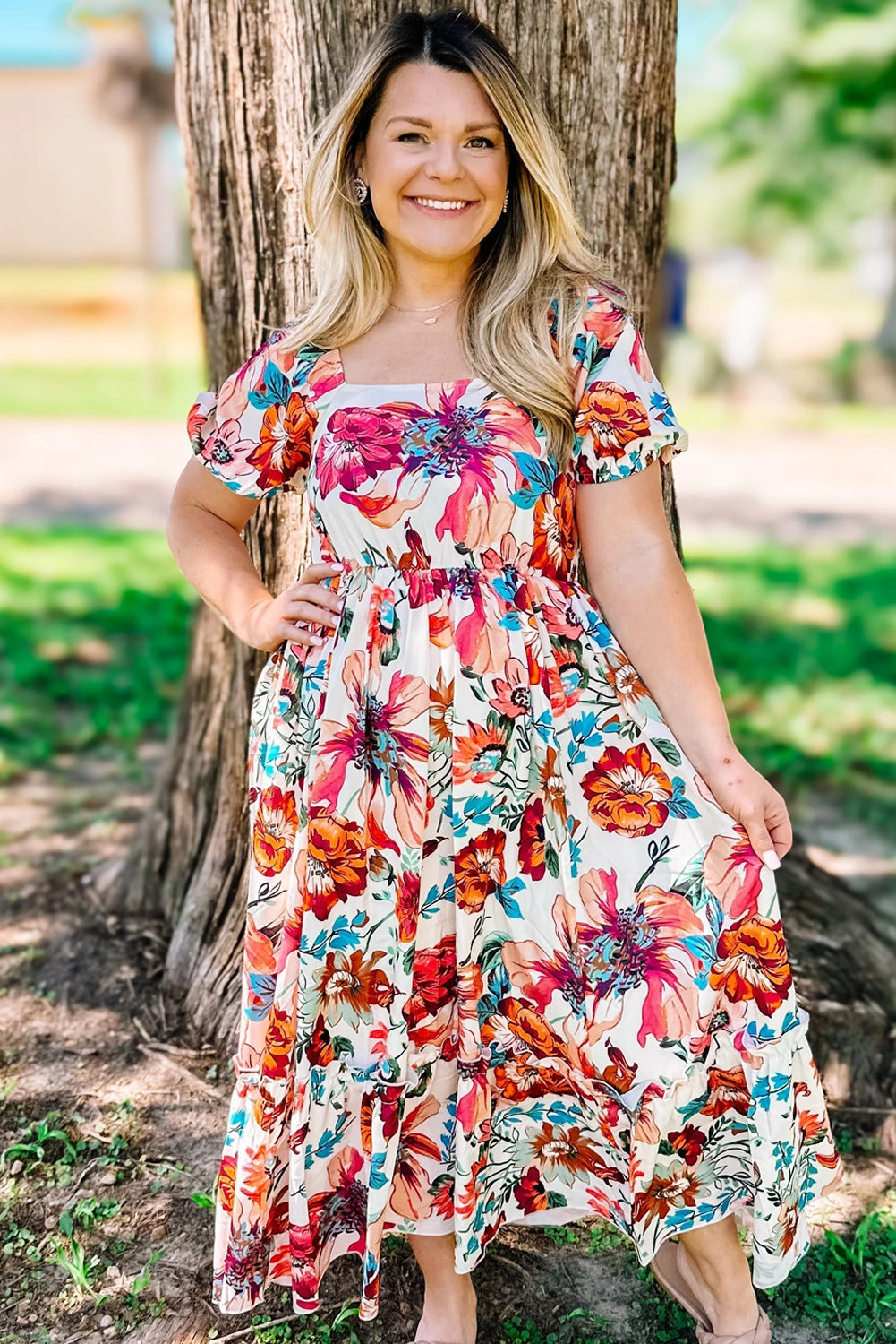 White Floral Flowy Midi Dress