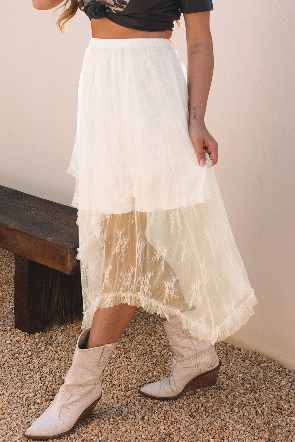 Beige Lace High Waist Maxi Skirt