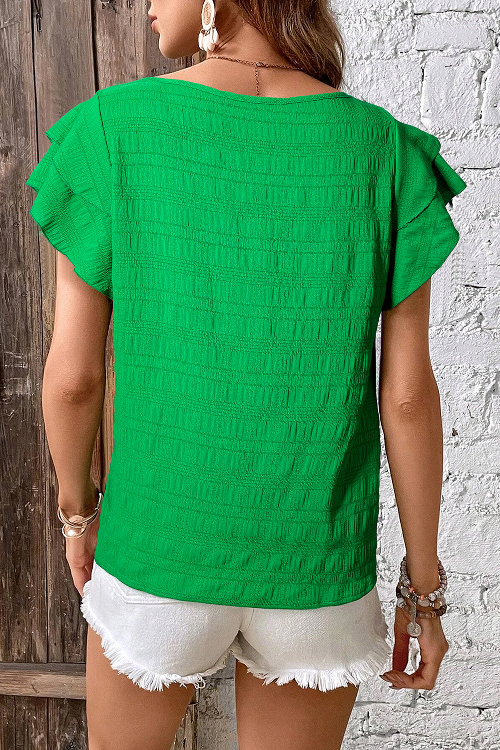 Dark Green Textured Ruffled Top