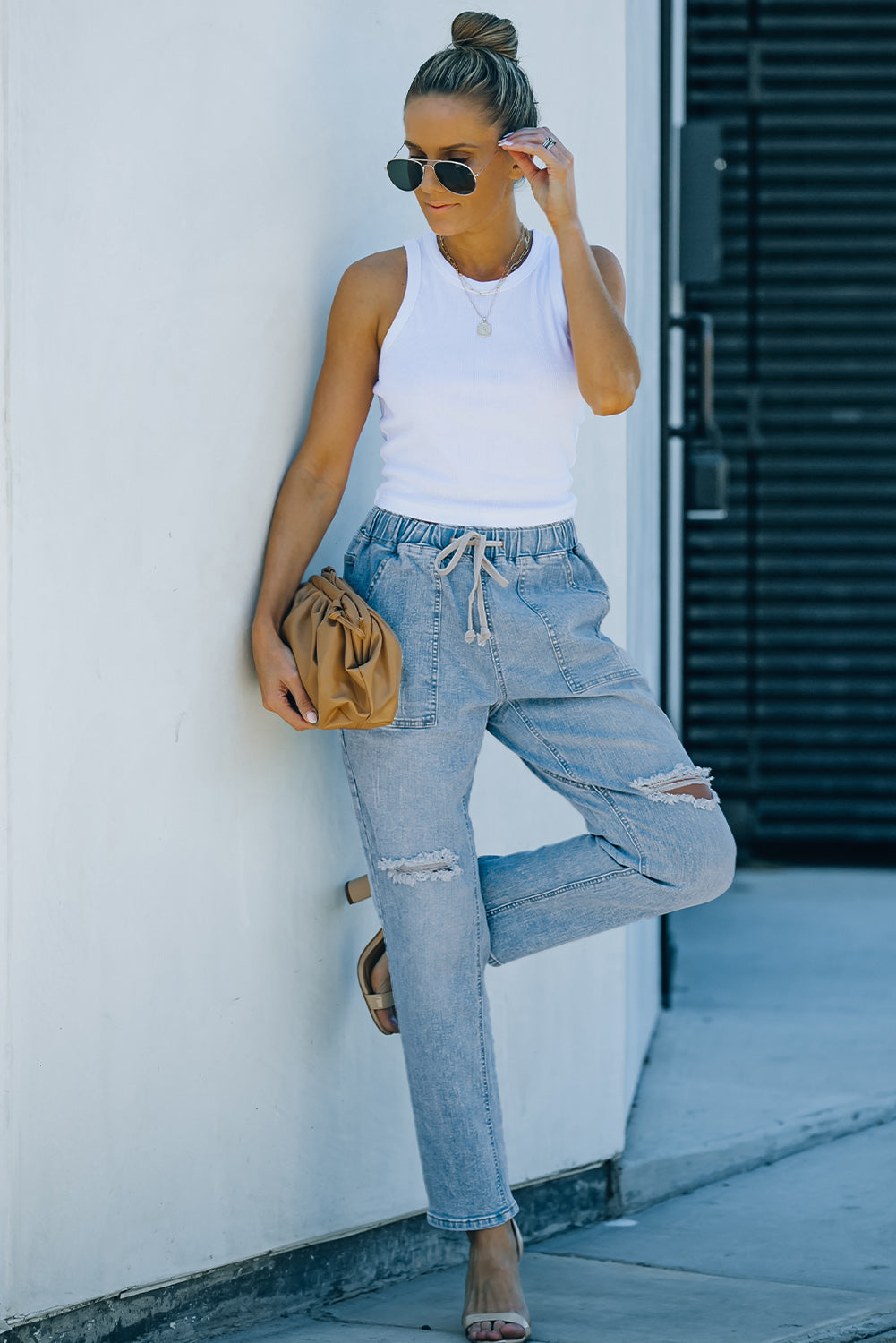 Blue Distressed Pocketed Denim Jogger