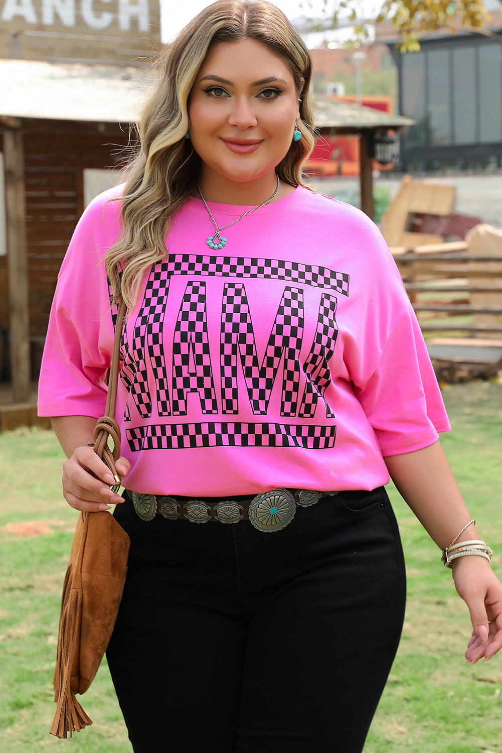 Bright Pink Checker MAMA Shirt