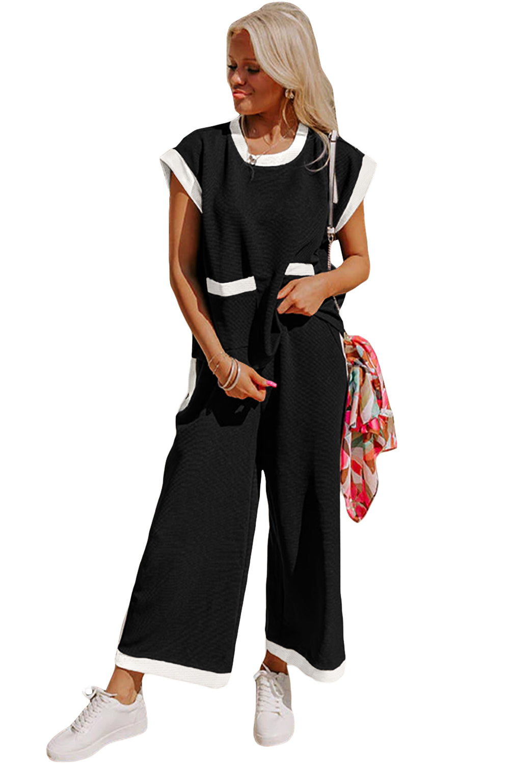 Black Color Block Wide Leg Pants Set