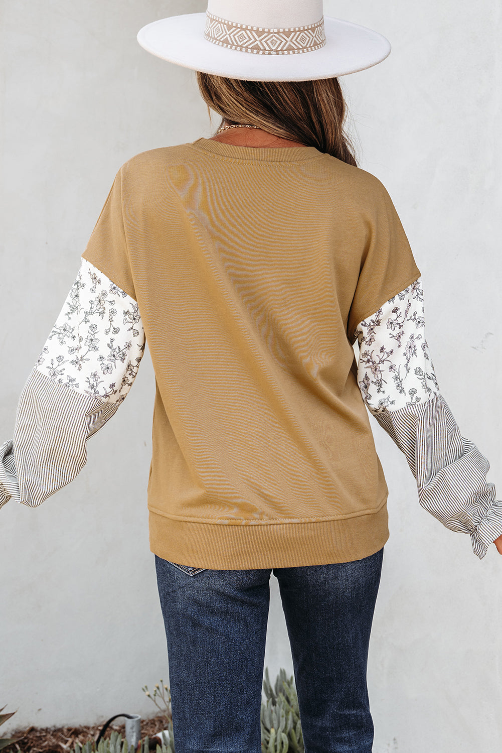 Camel Floral Crew Neck Sweatshirt