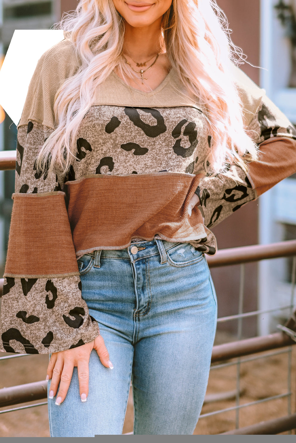 Leopard Colorblock Loose Sleeve Knit Top
