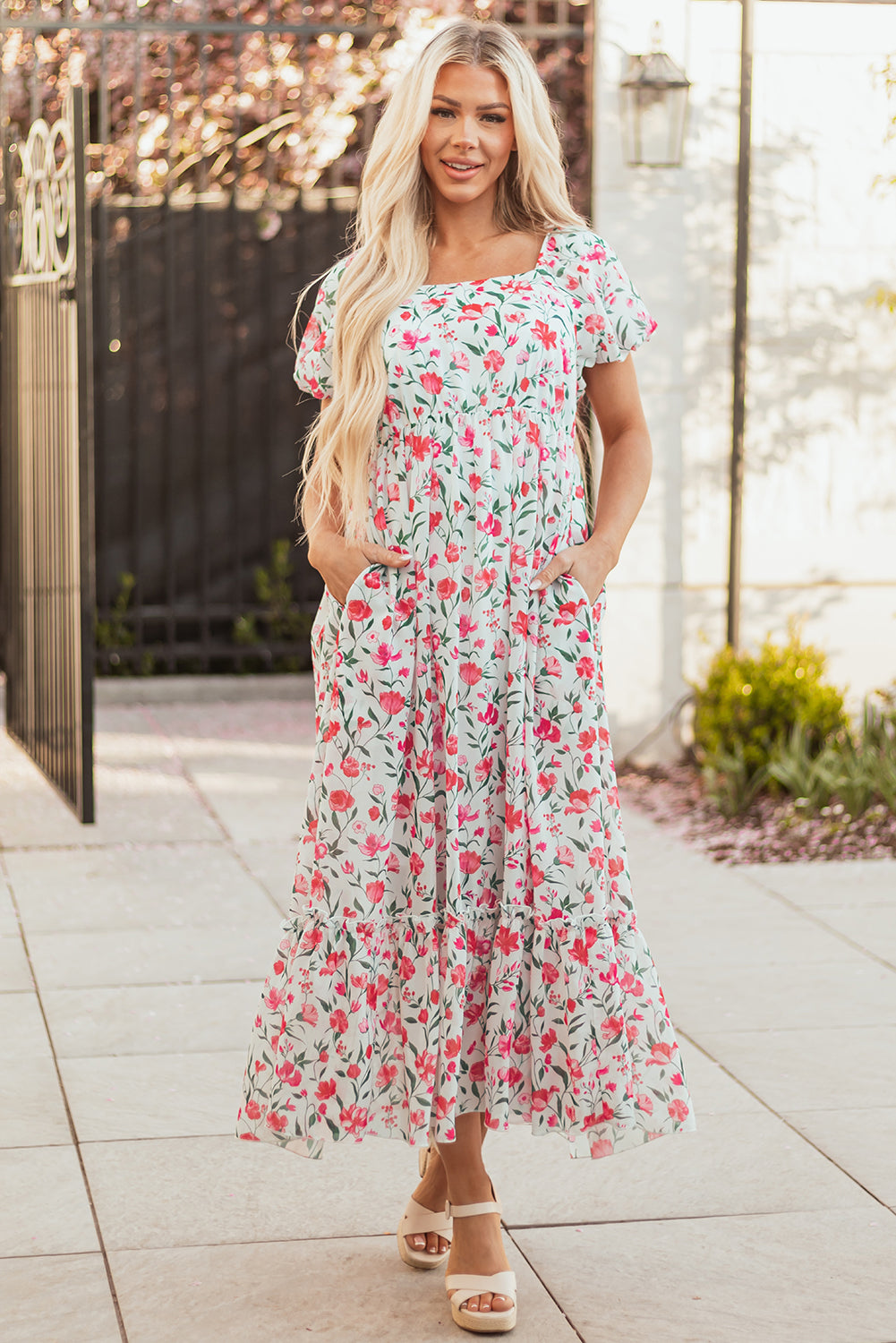Pink Floral Puff Sleeve Maxi Dress