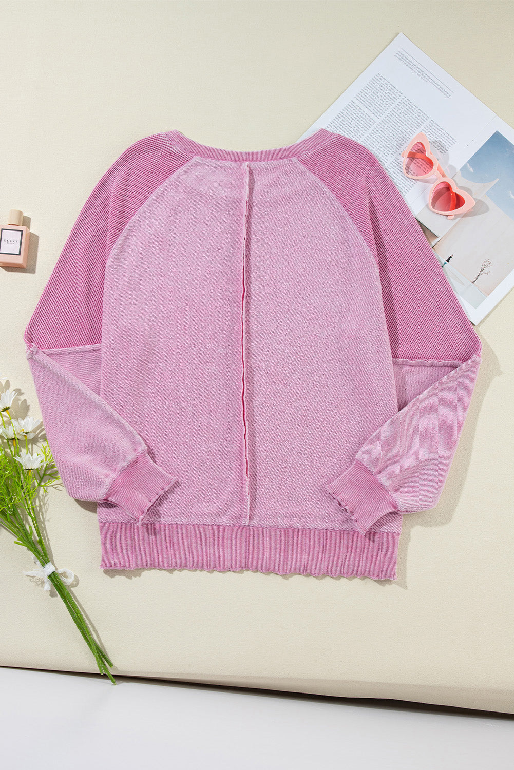 Pink Waffle Knit Patchwork Sweatshirt