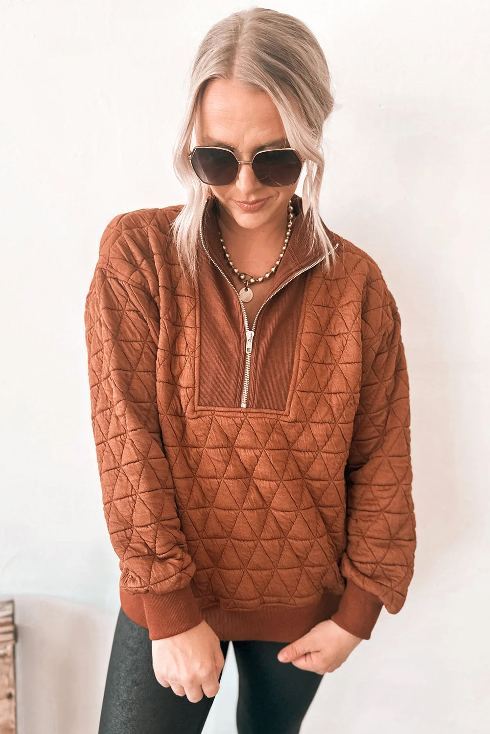 Quilted Half Zipped Loose Sweatshirt
