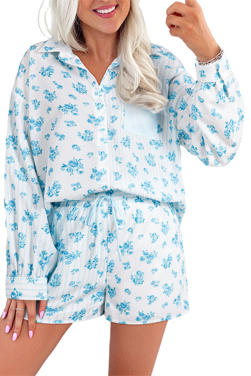 Sky Blue Floral Shirt and Shorts Set