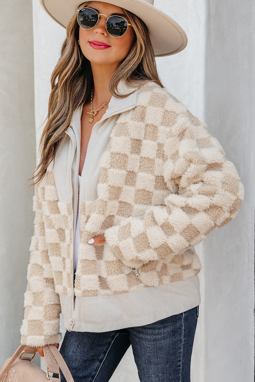 Khaki Checker Sherpa Jacket