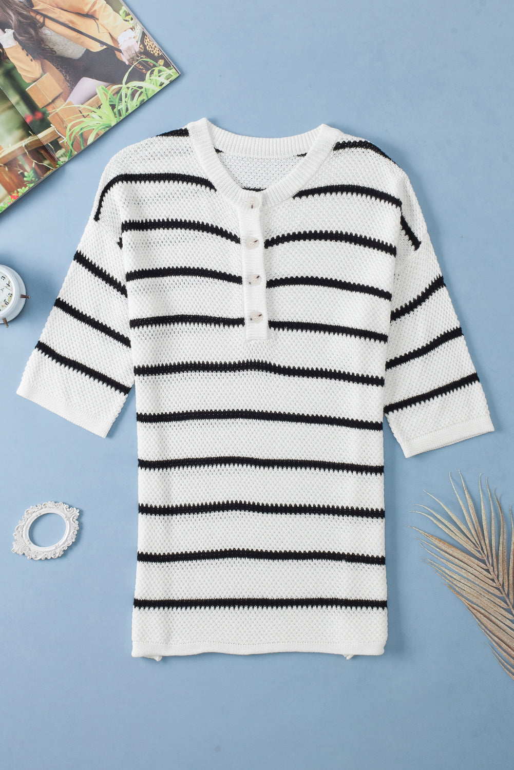 White Stripe Henley Sweater Tee