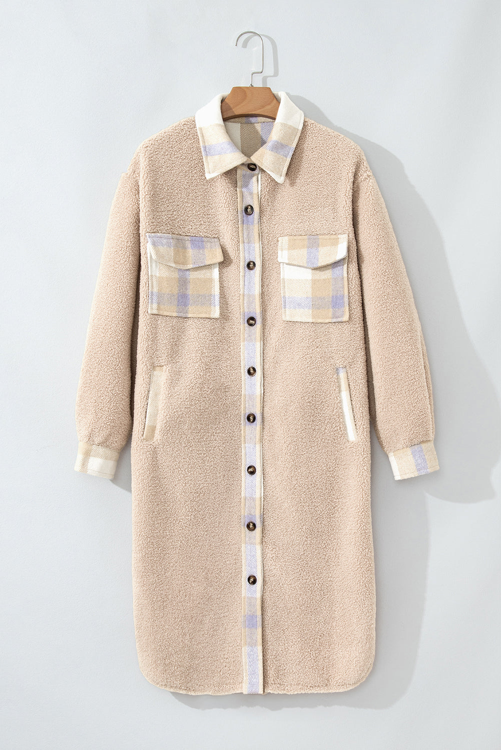 Smoke Gray Plaid Sherpa Long Coat