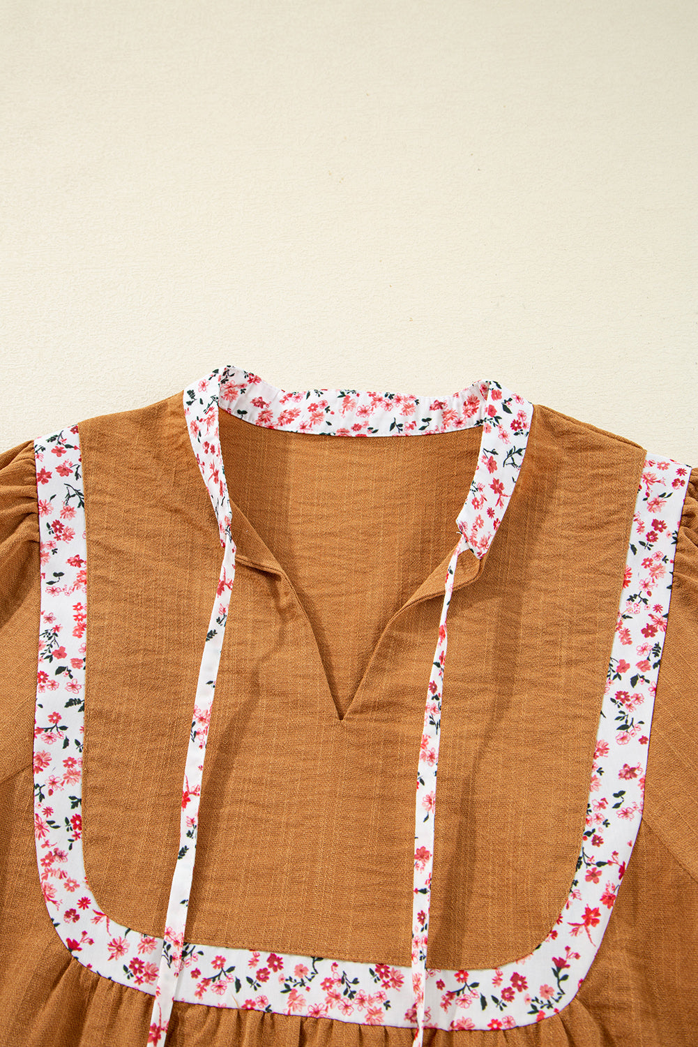 Pleated Floral Trim Puff Sleeve Blouse