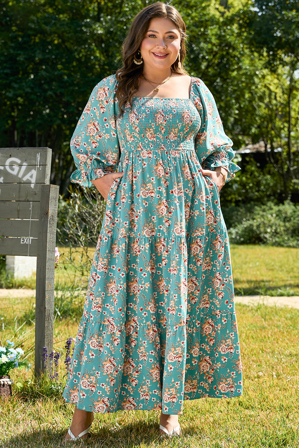 Green Floral Print Square Neck Maxi Dress