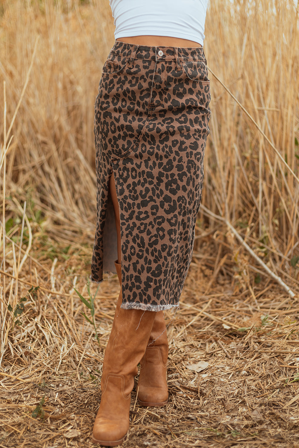 Brown Leopard Denim Midi Skirt