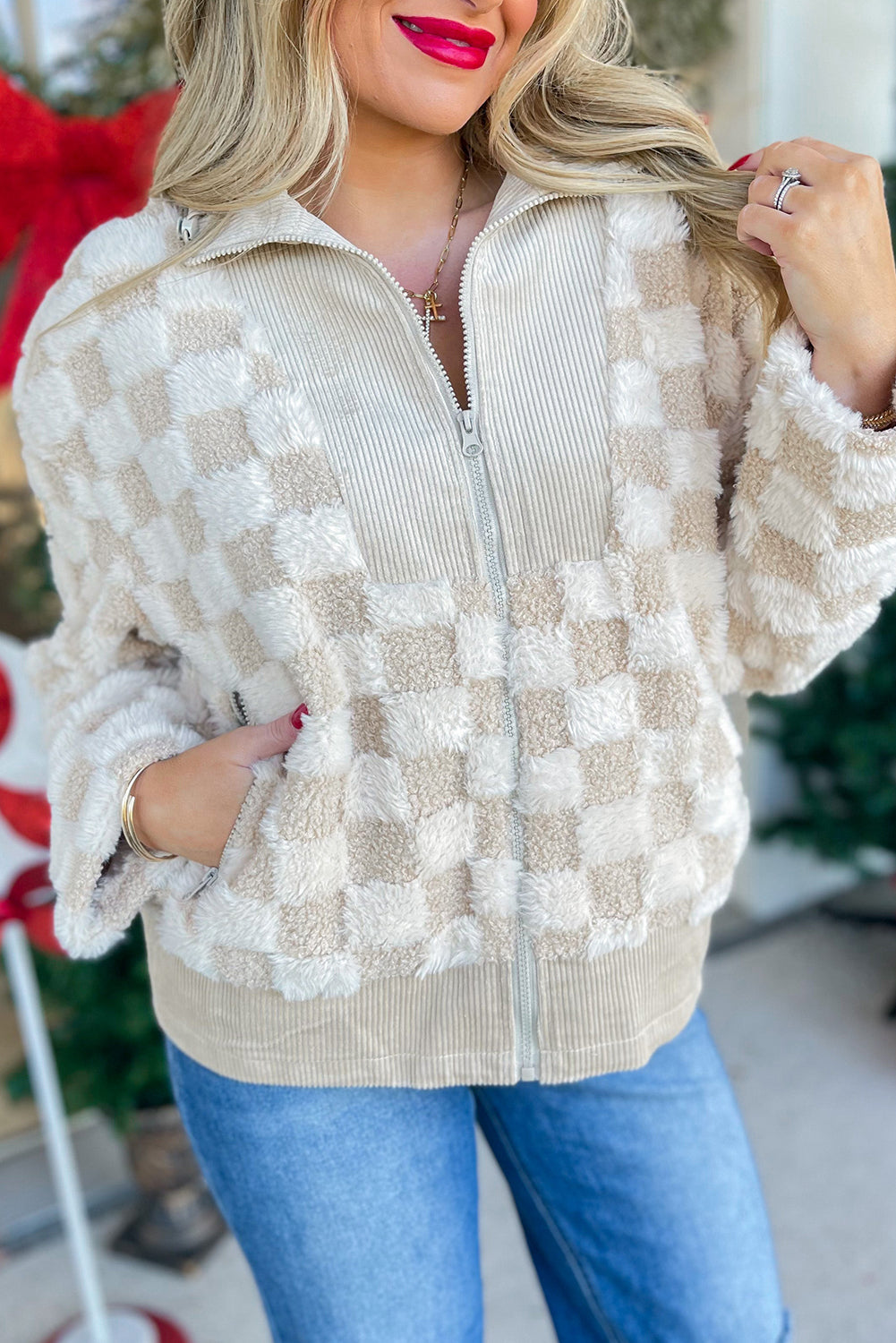 Khaki Checker Sherpa Jacket