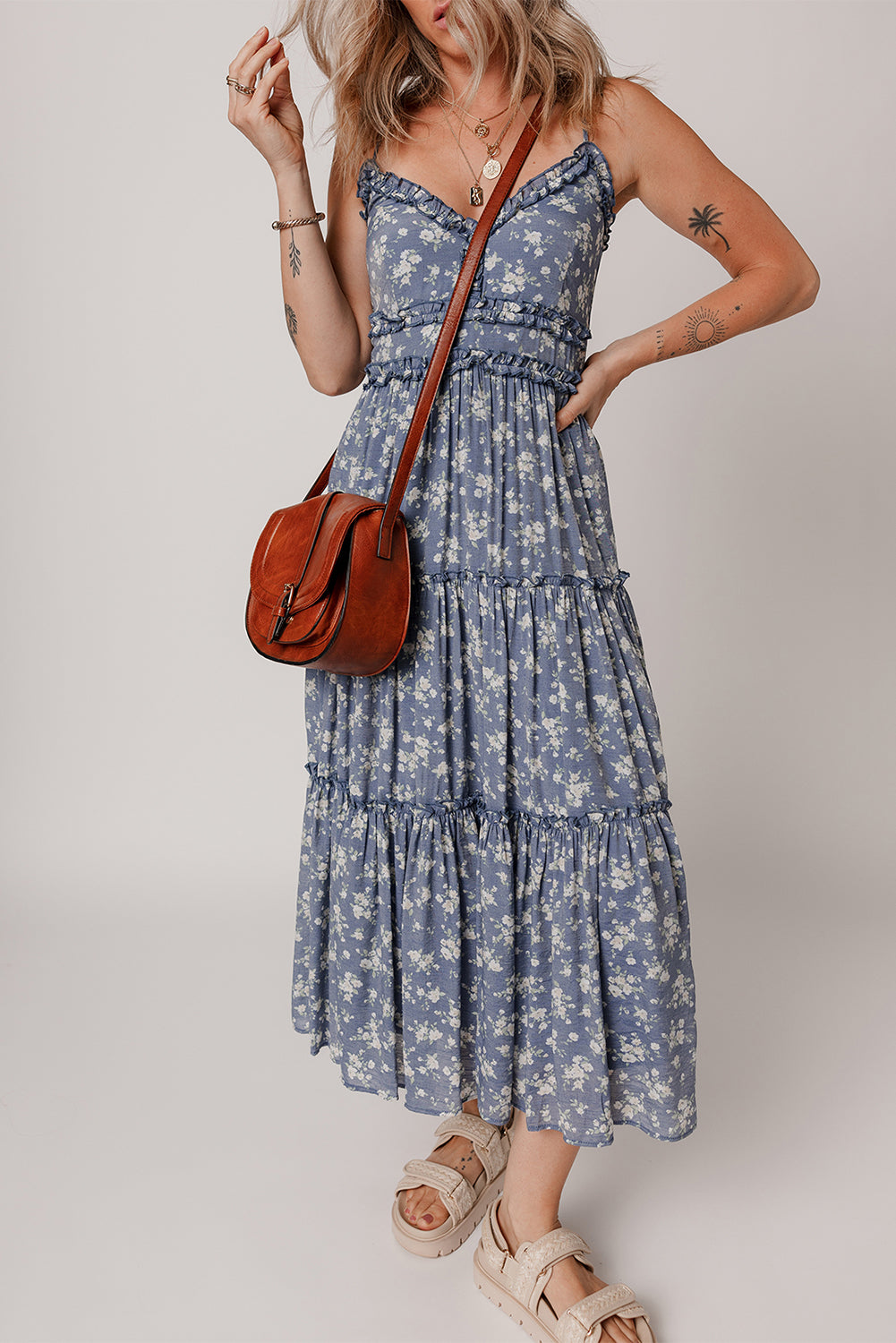 Blue Floral Spaghetti Strap Midi Dress