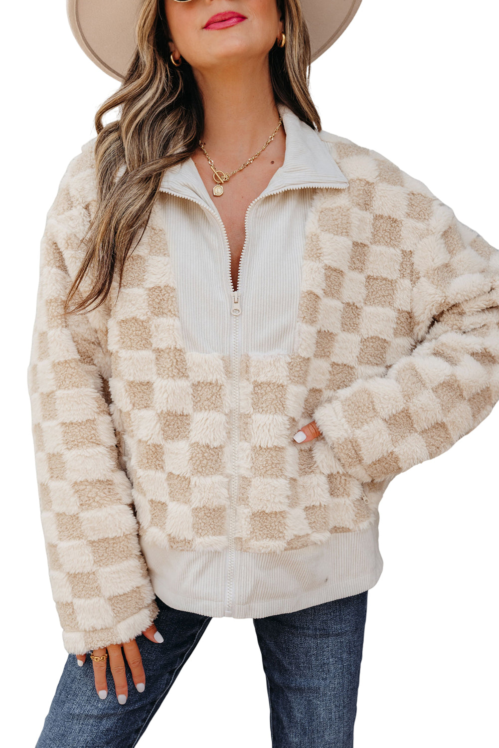 Khaki Checker Sherpa Jacket