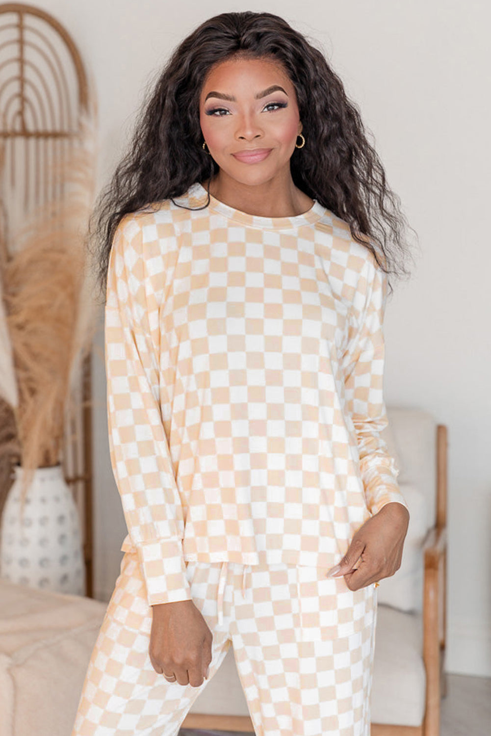 Beige Checkered Print Lounge Set
