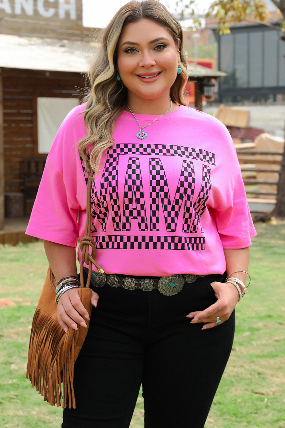 Bright Pink Checker MAMA Shirt