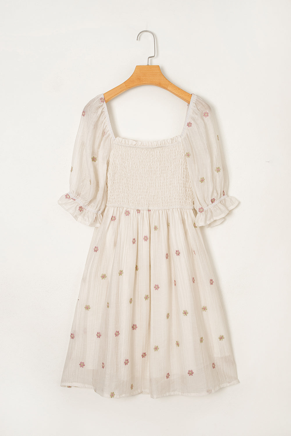 Beige Embroidered Flower Flowy Dress