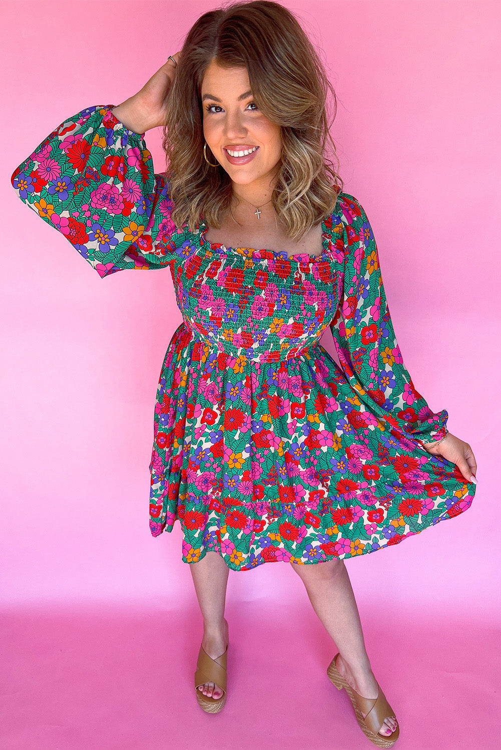 White Floral Long Sleeve Dress