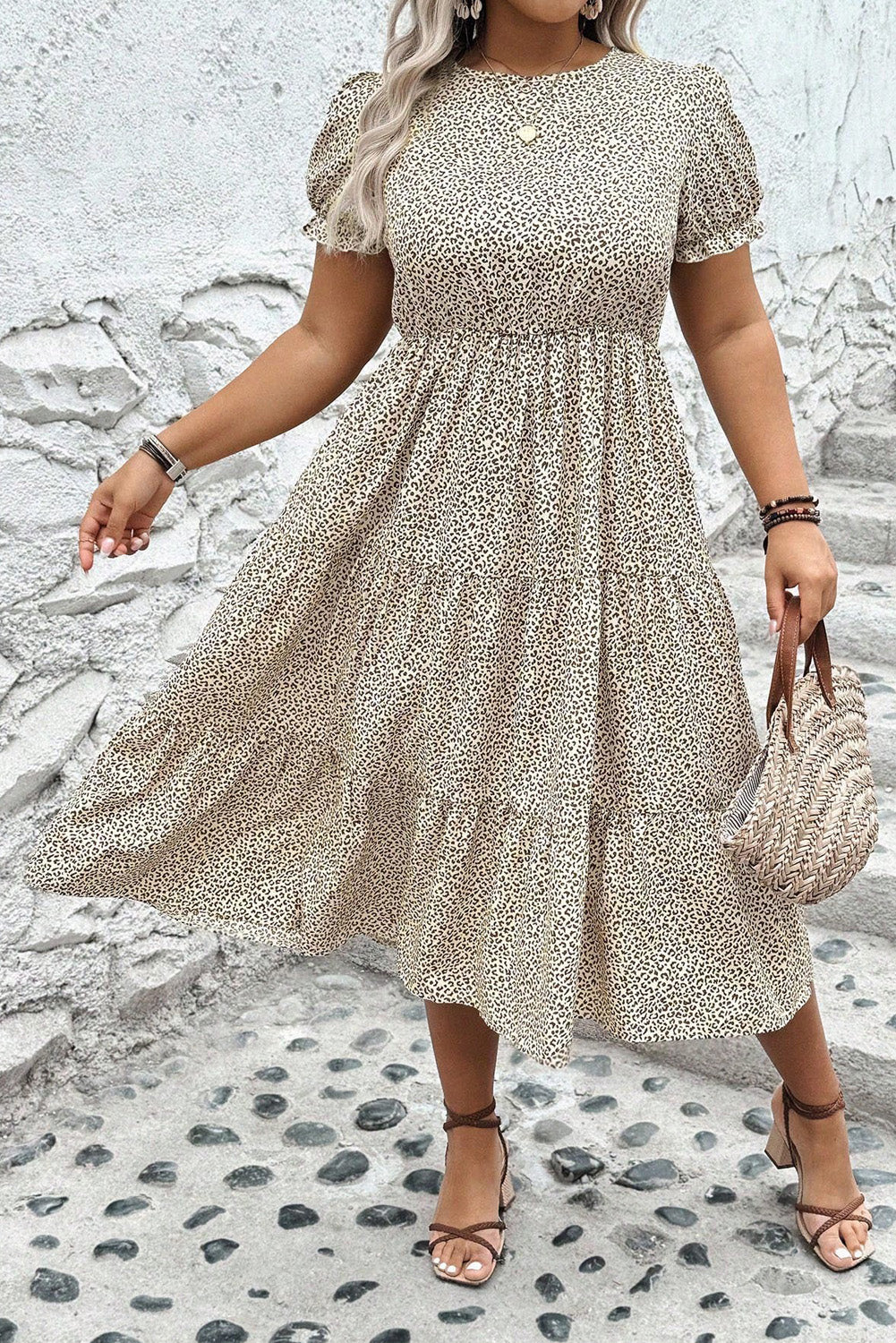 Beige Leopard Print Flared Dress