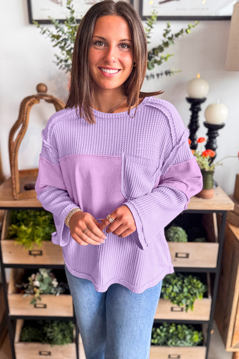 Thermal Knit Patchwork Long Sleeve Top