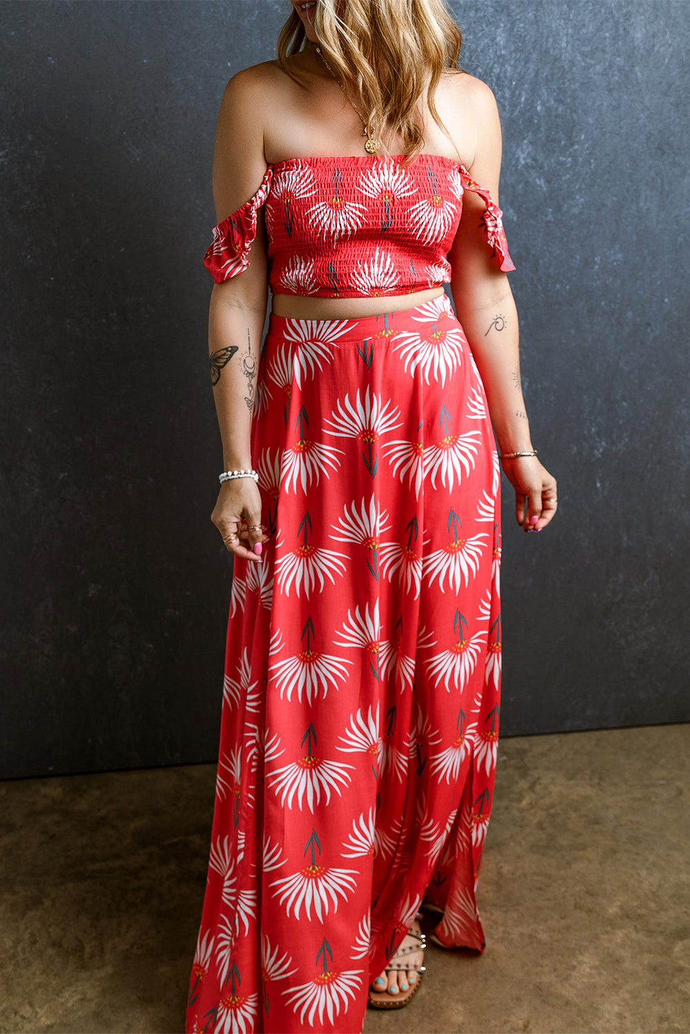 Red Floral Crop Top and Maxi Skirt Set