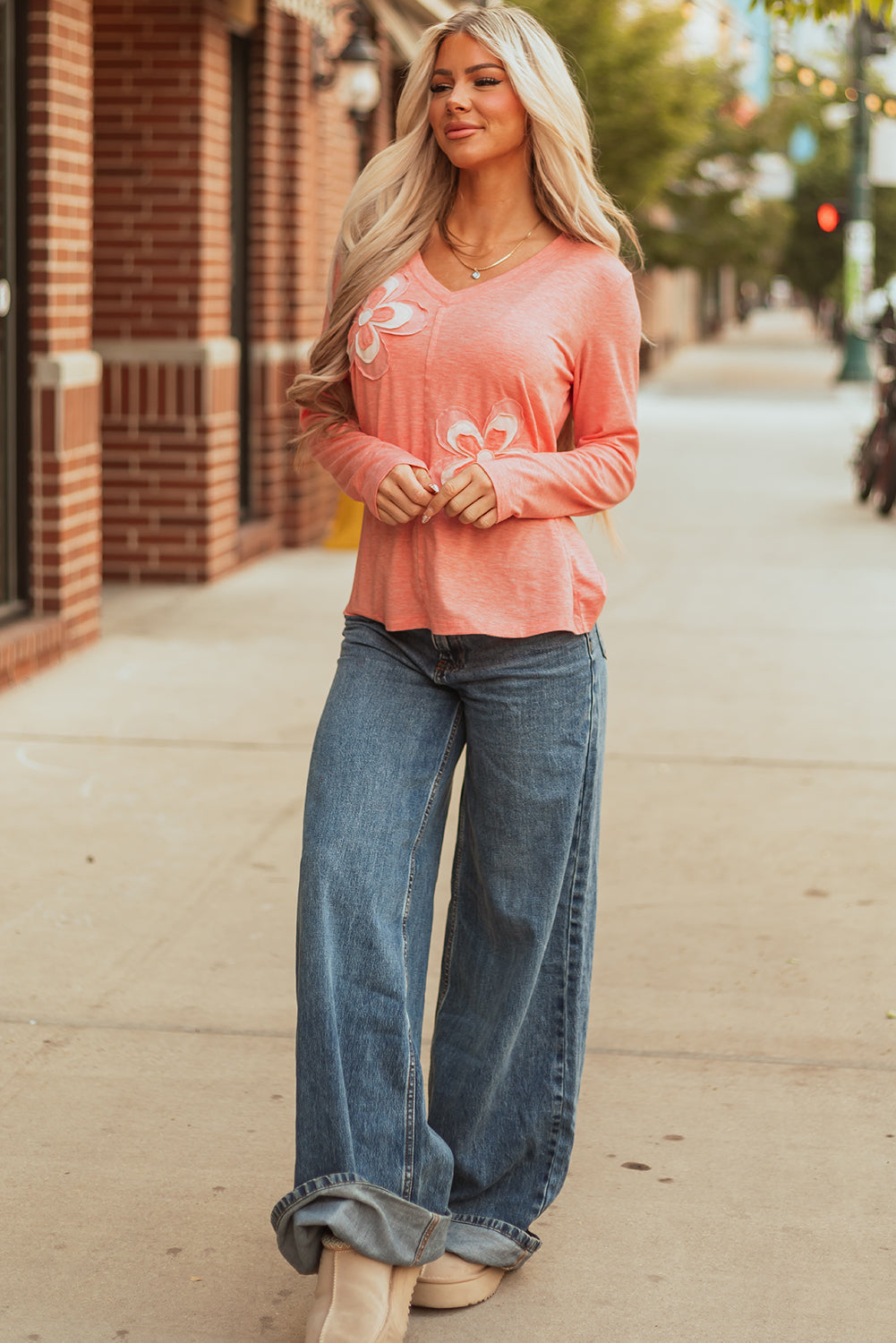 Salmon Floral Patchwork T Shirt