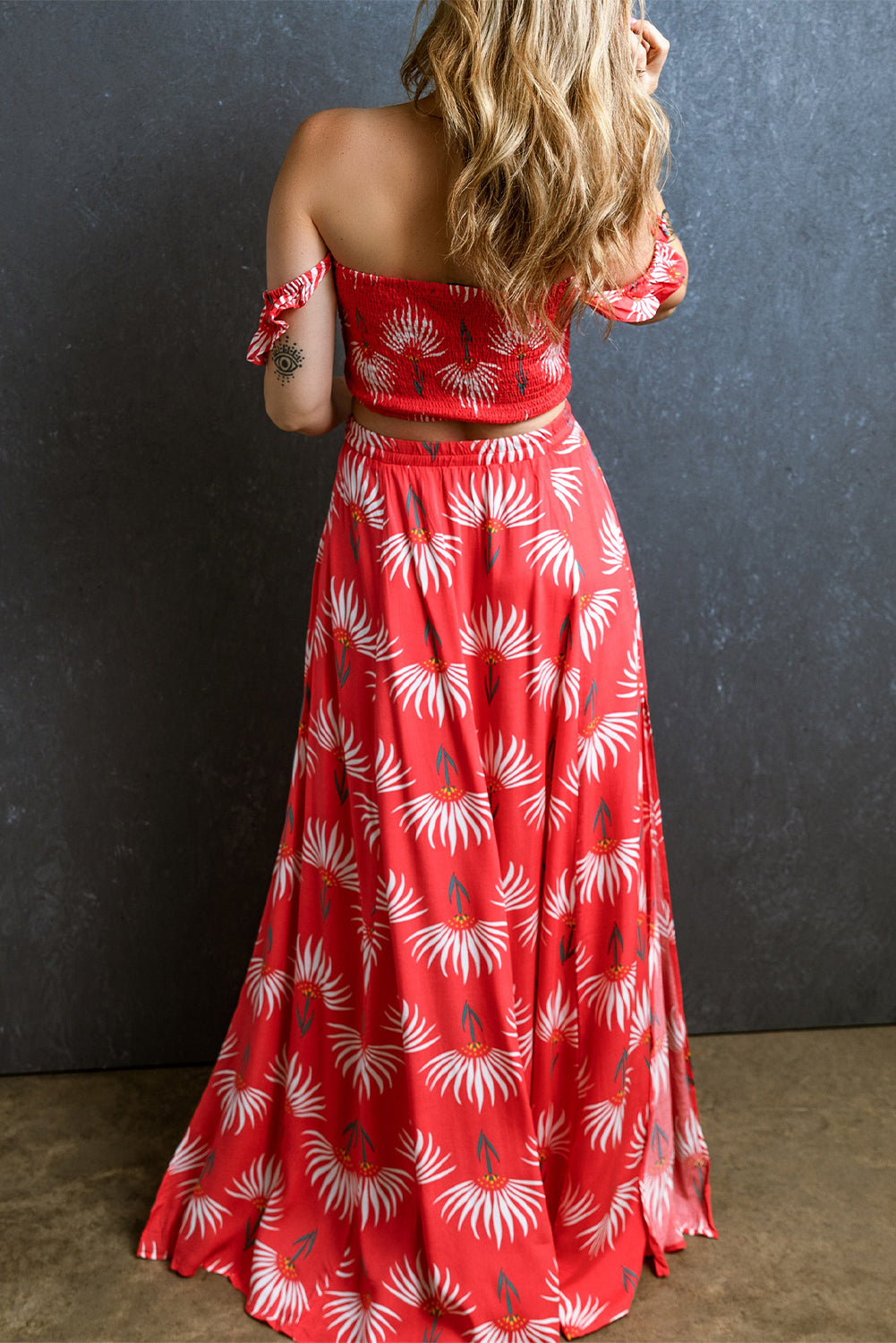 Red Floral Crop Top and Maxi Skirt Set