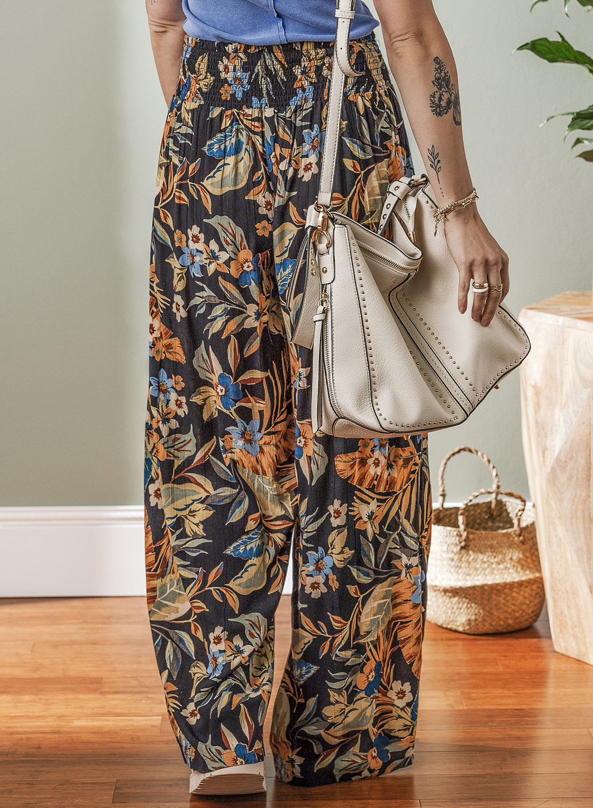 Multicolour Floral Wide Leg Pants with Tie