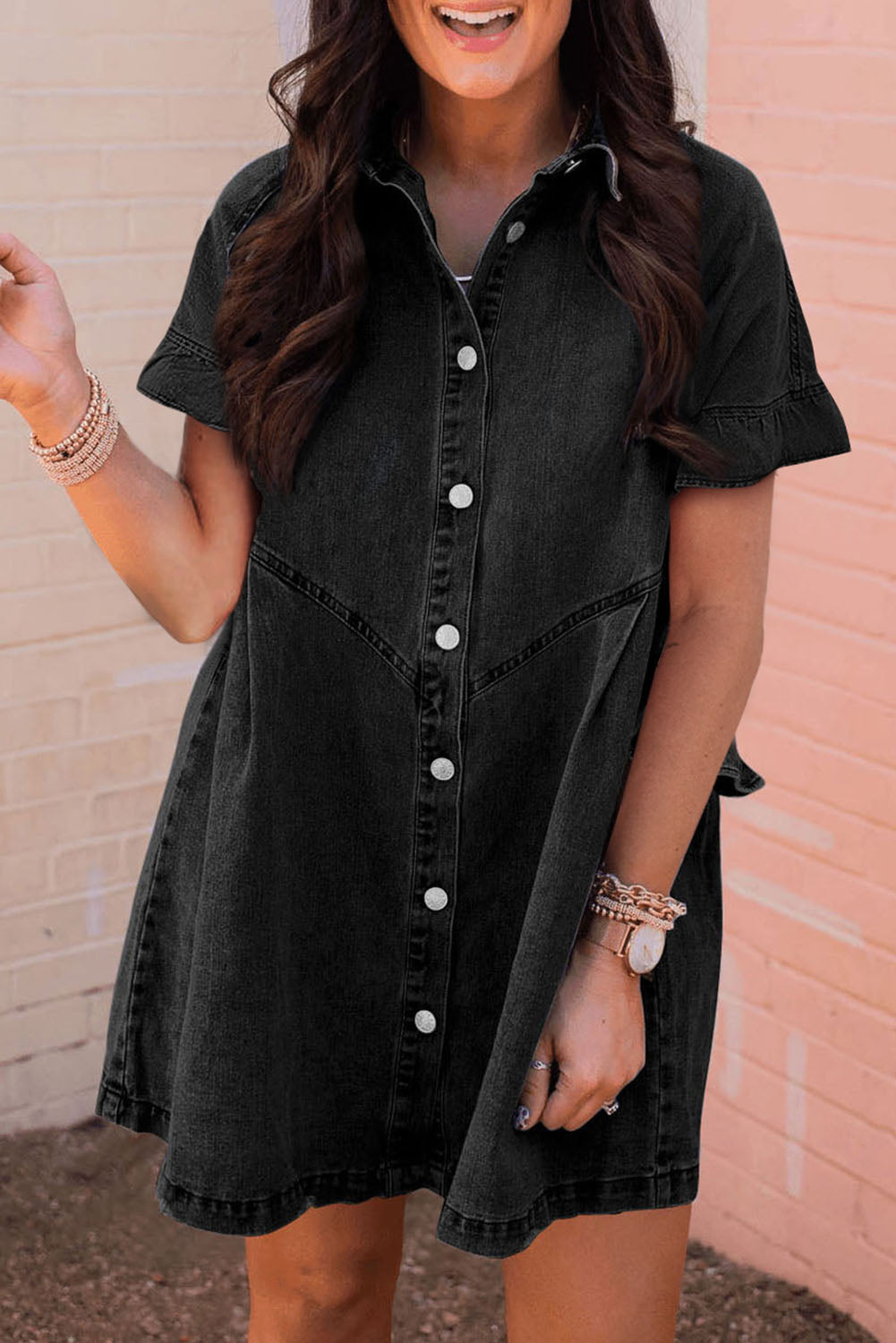 Black Frilled Denim Shirt Dress