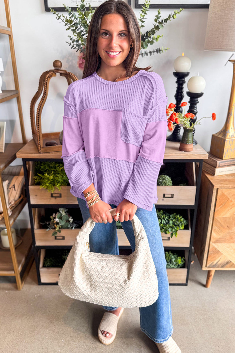 Thermal Knit Patchwork Long Sleeve Top