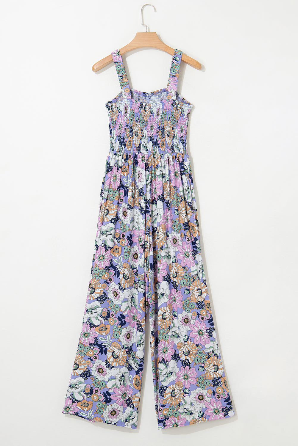 Purple Floral Print Smocked Jumpsuit