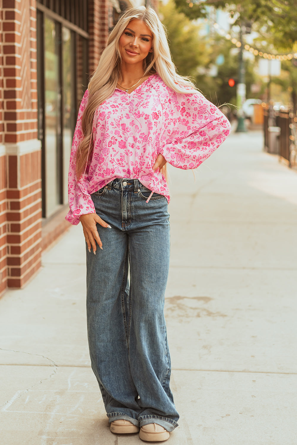 Pink Floral Puff Sleeve Blouse