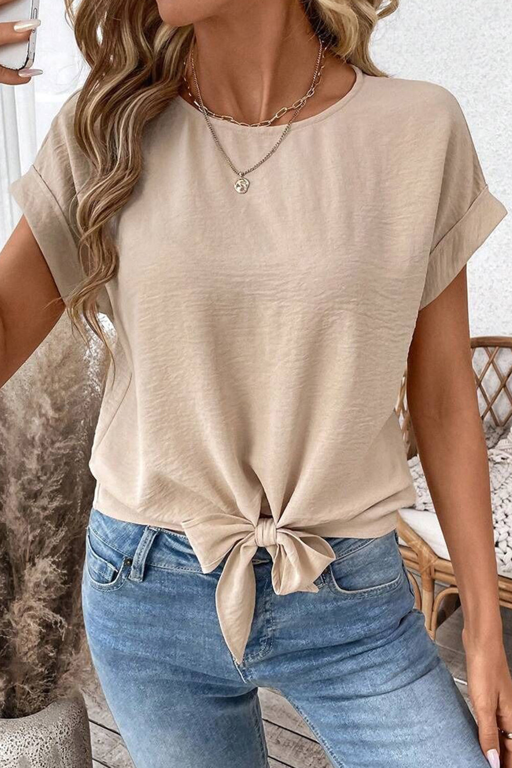 Parchment Knotted Short Sleeve Blouse