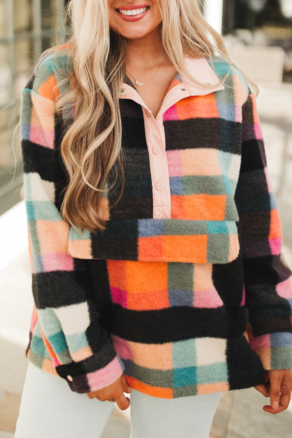 Black Checkered Print Sherpa Sweatshirt