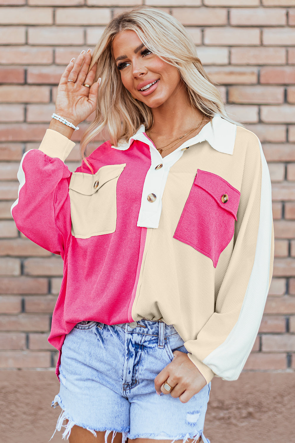 Rose Red Colorblock Oversized Sweatshirt