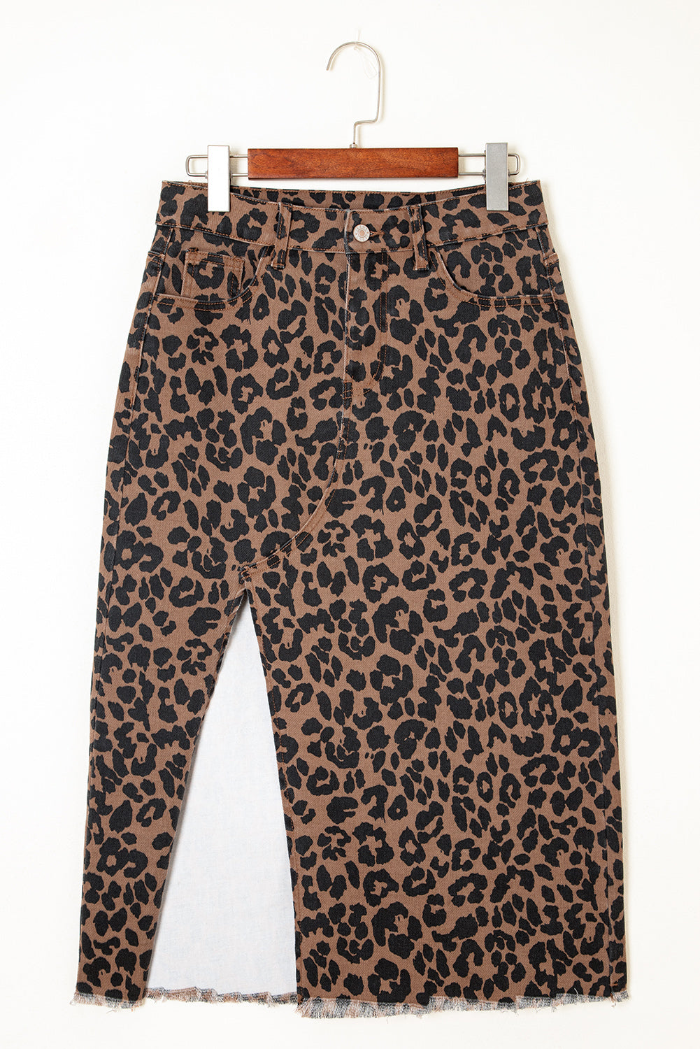 Brown Leopard Denim Midi Skirt
