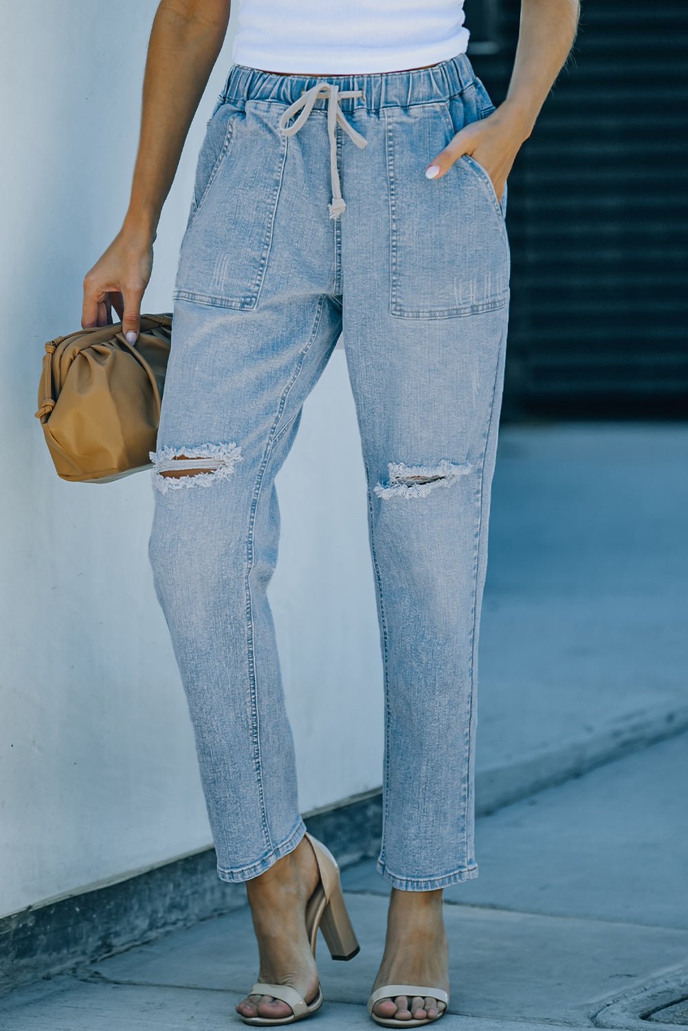 Blue Distressed Pocketed Denim Jogger