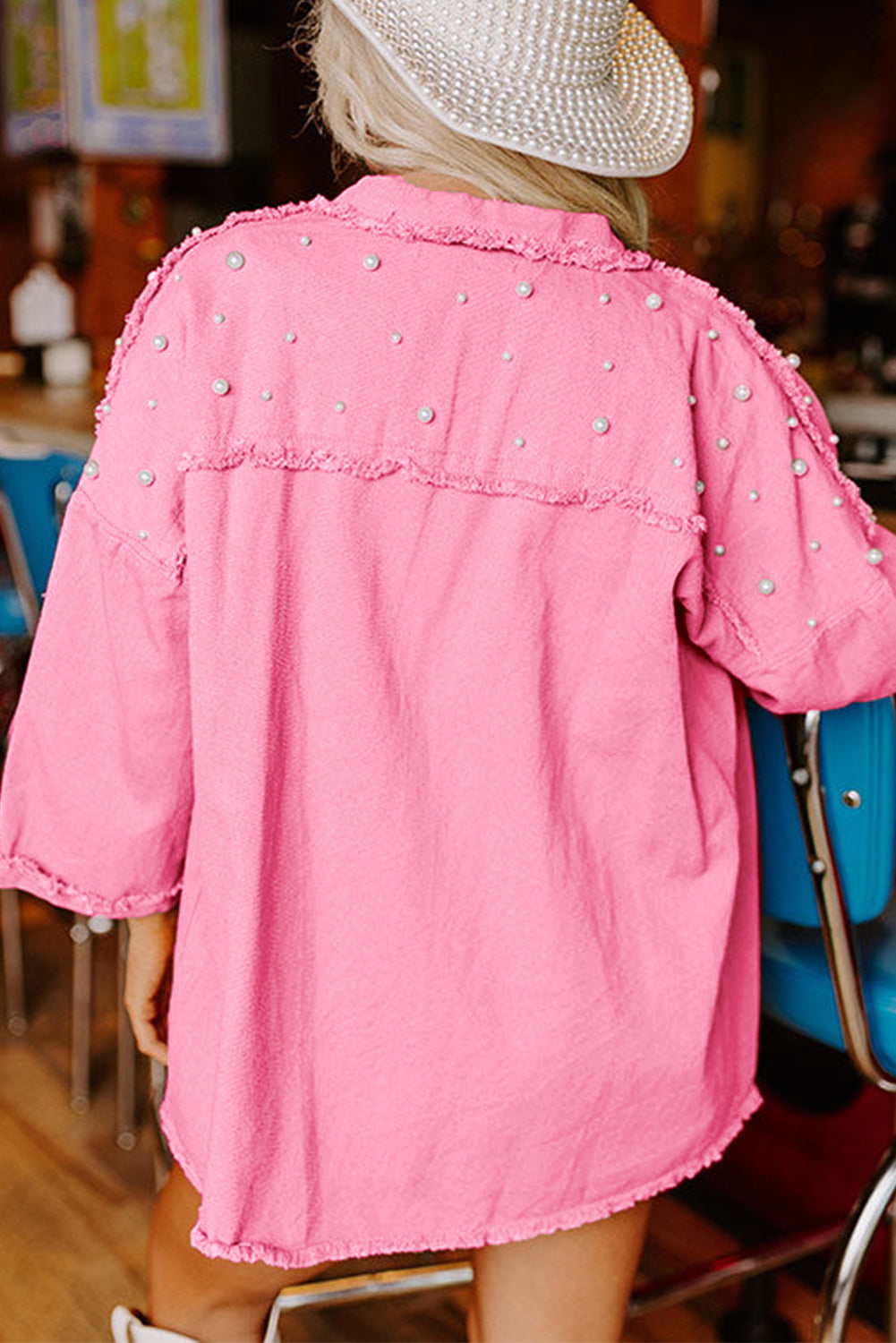 Pearl Beaded Button Up Denim Jacket
