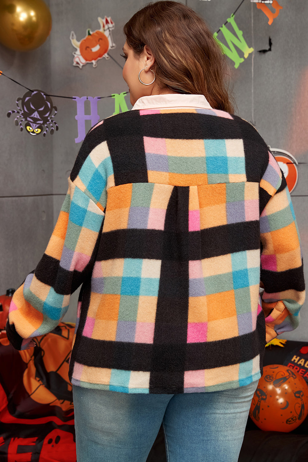 Black Checkered Print Sherpa Sweatshirt