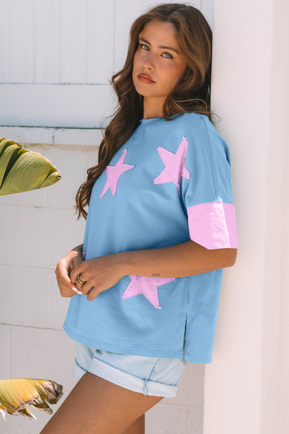 Frayed Denim Star Patched Oversize Shirt
