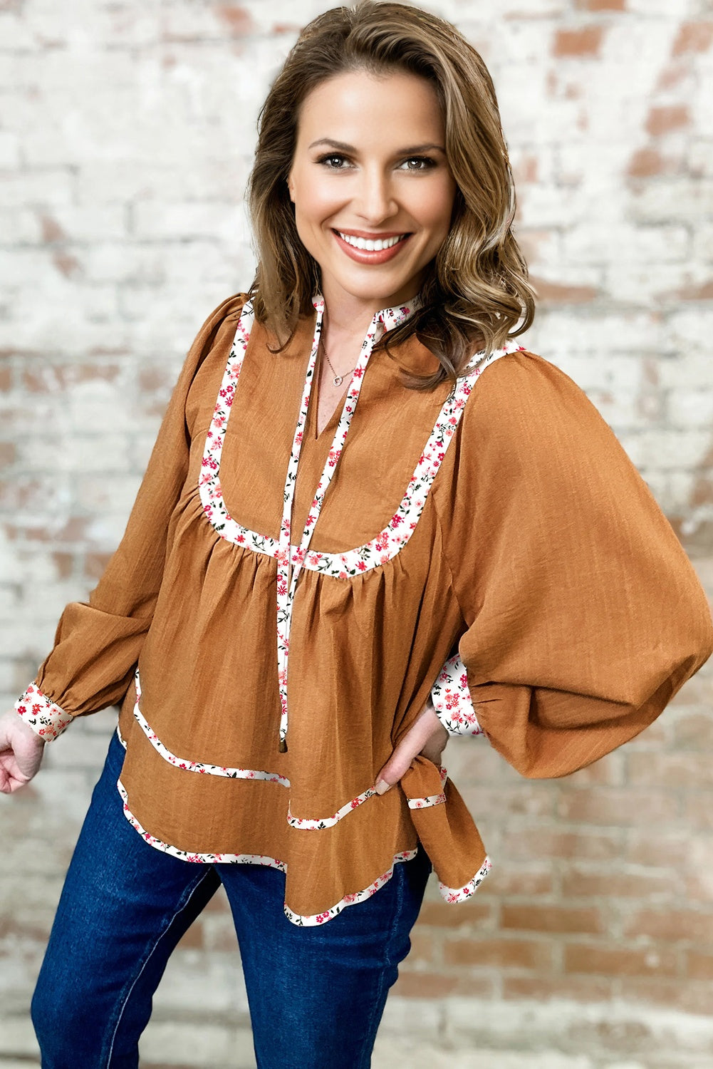 Pleated Floral Trim Puff Sleeve Blouse