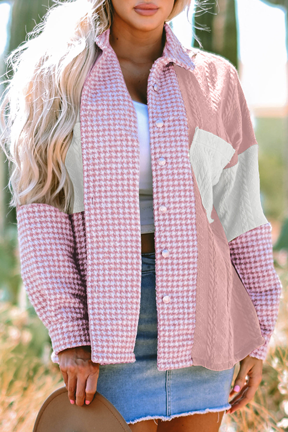 Pink Houndstooth Shacket