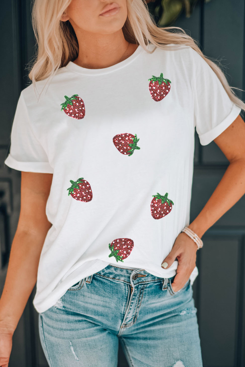 White Sequin Strawberry Tee