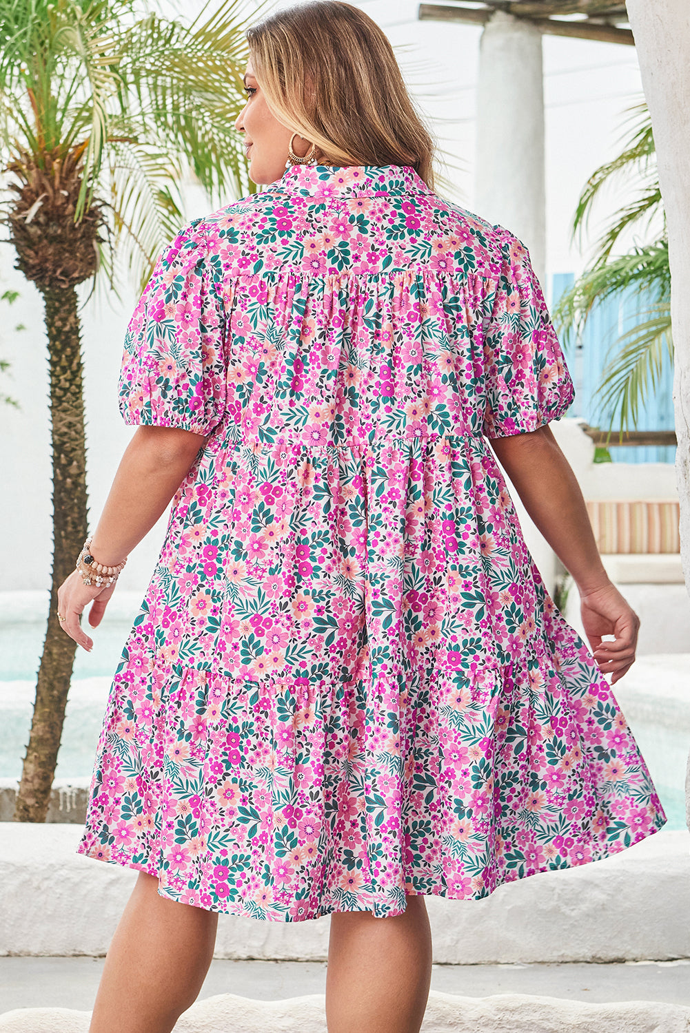 Pink Floral Short Puff Sleeve Dress