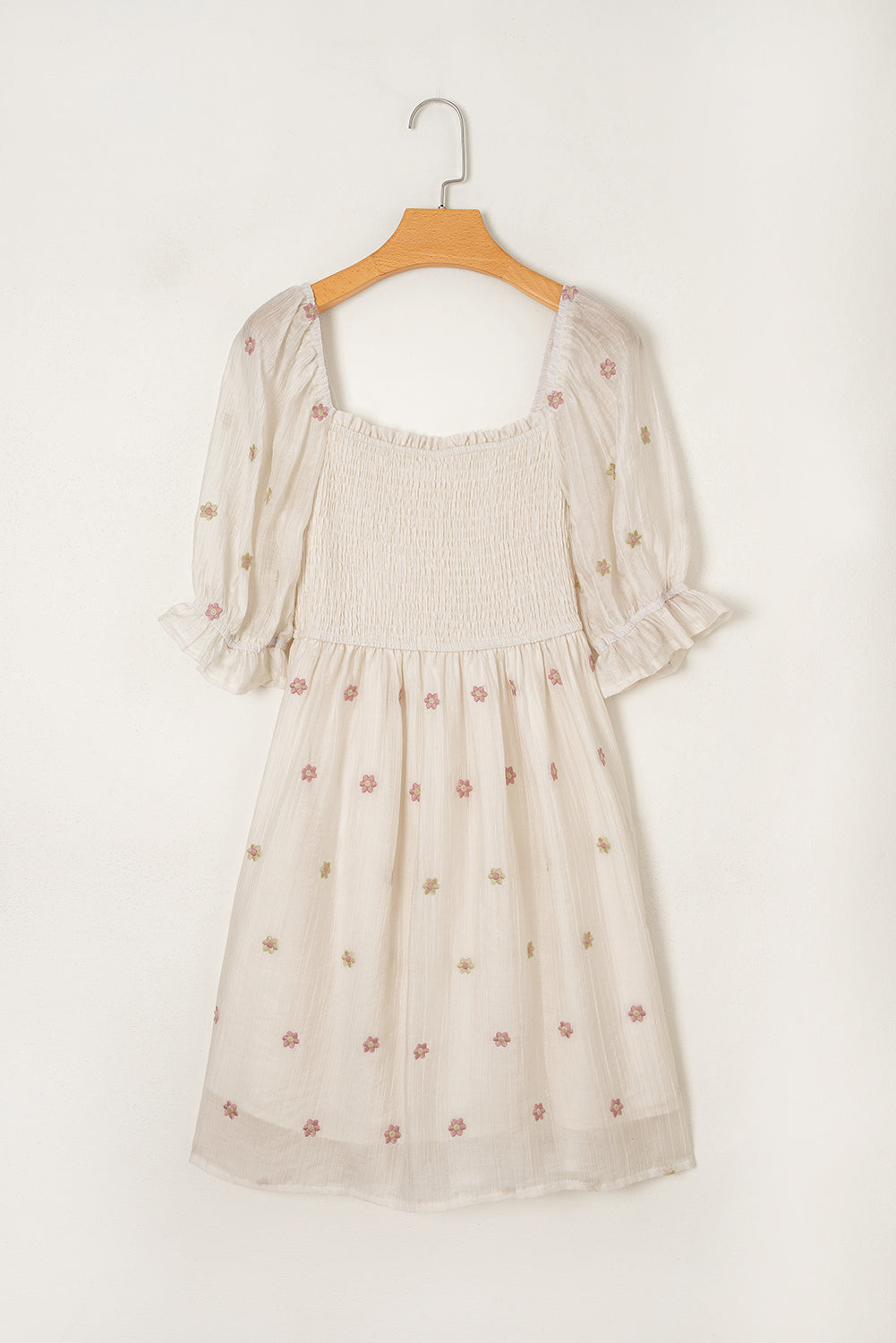 Beige Embroidered Flower Flowy Dress